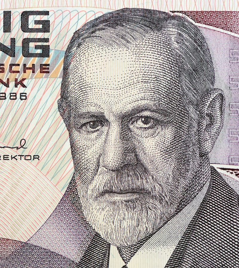 Sigmund Freud portrayed on the front of the Austrian 50 schilling banknote, 1987